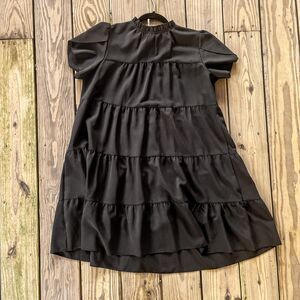 Shein Gomorn Long Black Ruffle Hem Smock Dress - High Ruffle Bowtie Neck - Sz L
